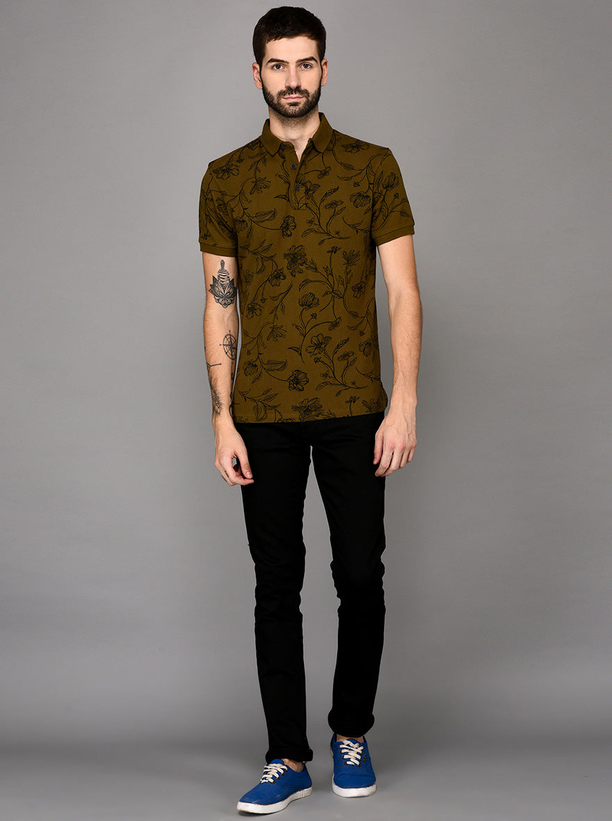 Olive Green Printed Slim Fit Polo T-shirt | JB Sport