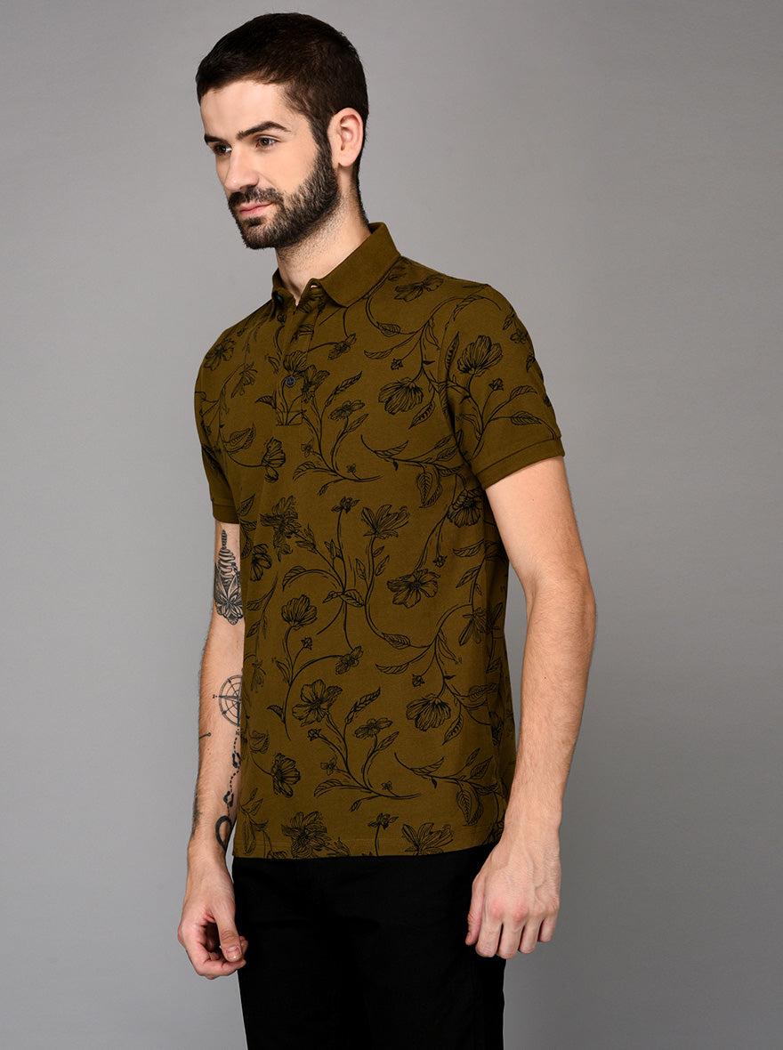 Olive Green Printed Slim Fit Polo T-shirt | JB Sport