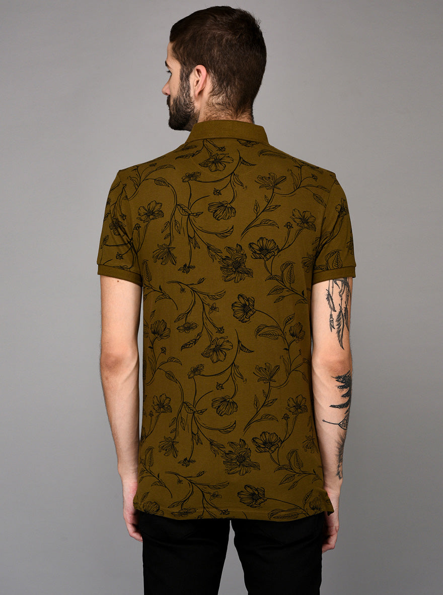 Olive Green Printed Slim Fit Polo T-shirt | JB Sport