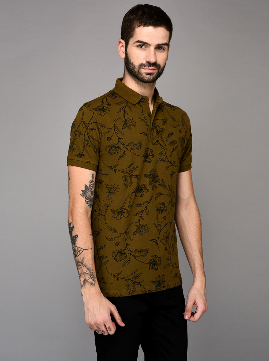 Olive Green Printed Slim Fit Polo T-shirt | JB Sport