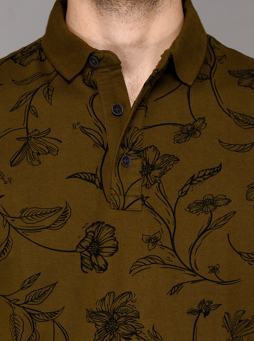Olive Green Printed Slim Fit Polo T-shirt | JB Sport