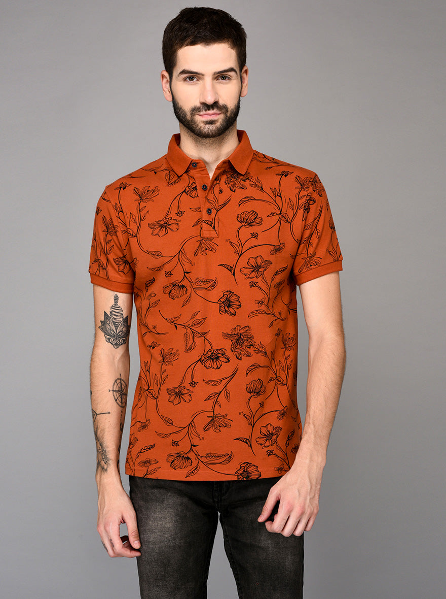 Orange Printed Slim Fit Polo T-shirt | JB Sport