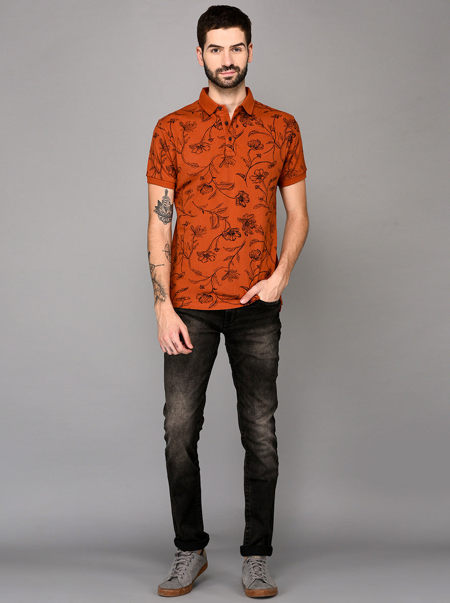 Orange Printed Slim Fit Polo T-shirt | JB Sport