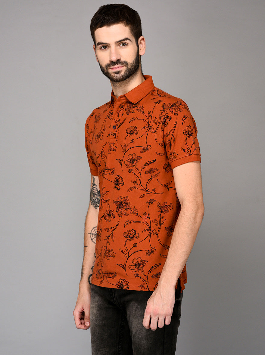 Orange Printed Slim Fit Polo T-shirt | JB Sport