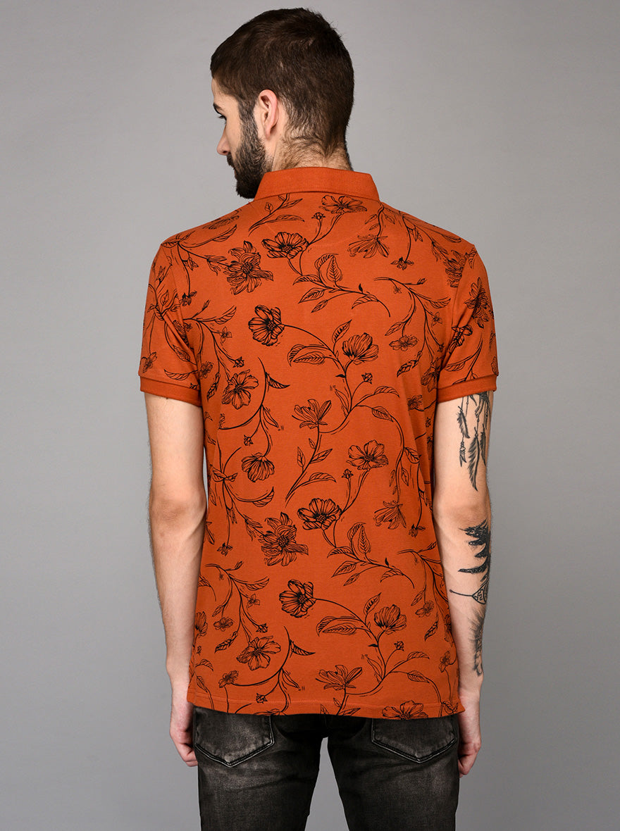 Orange Printed Slim Fit Polo T-shirt | JB Sport