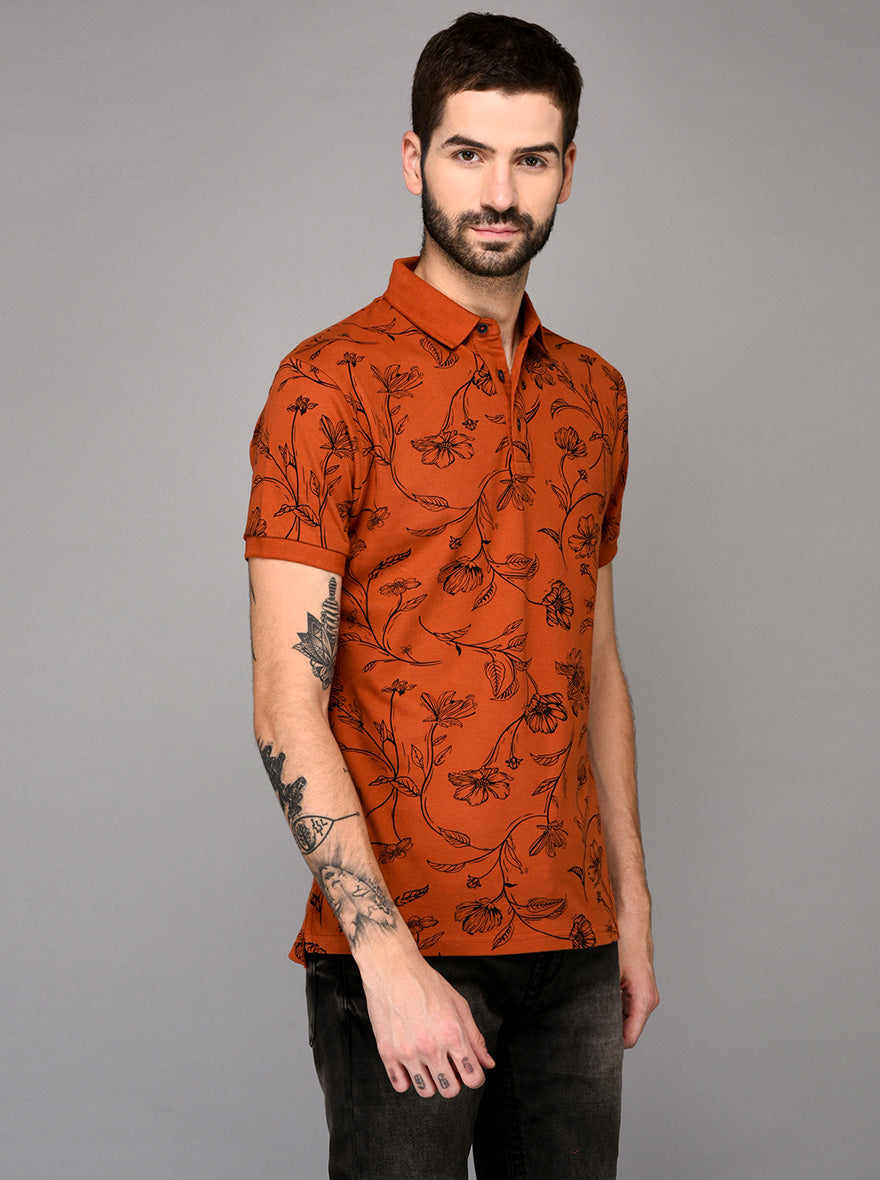 Orange Printed Slim Fit Polo T-shirt | JB Sport