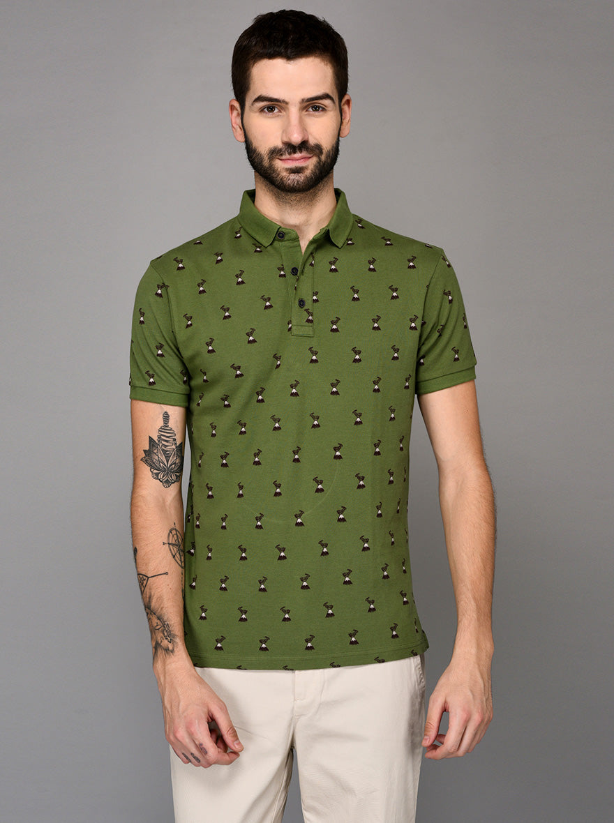 Green Printed Slim Fit Polo T-shirt | JB Sport