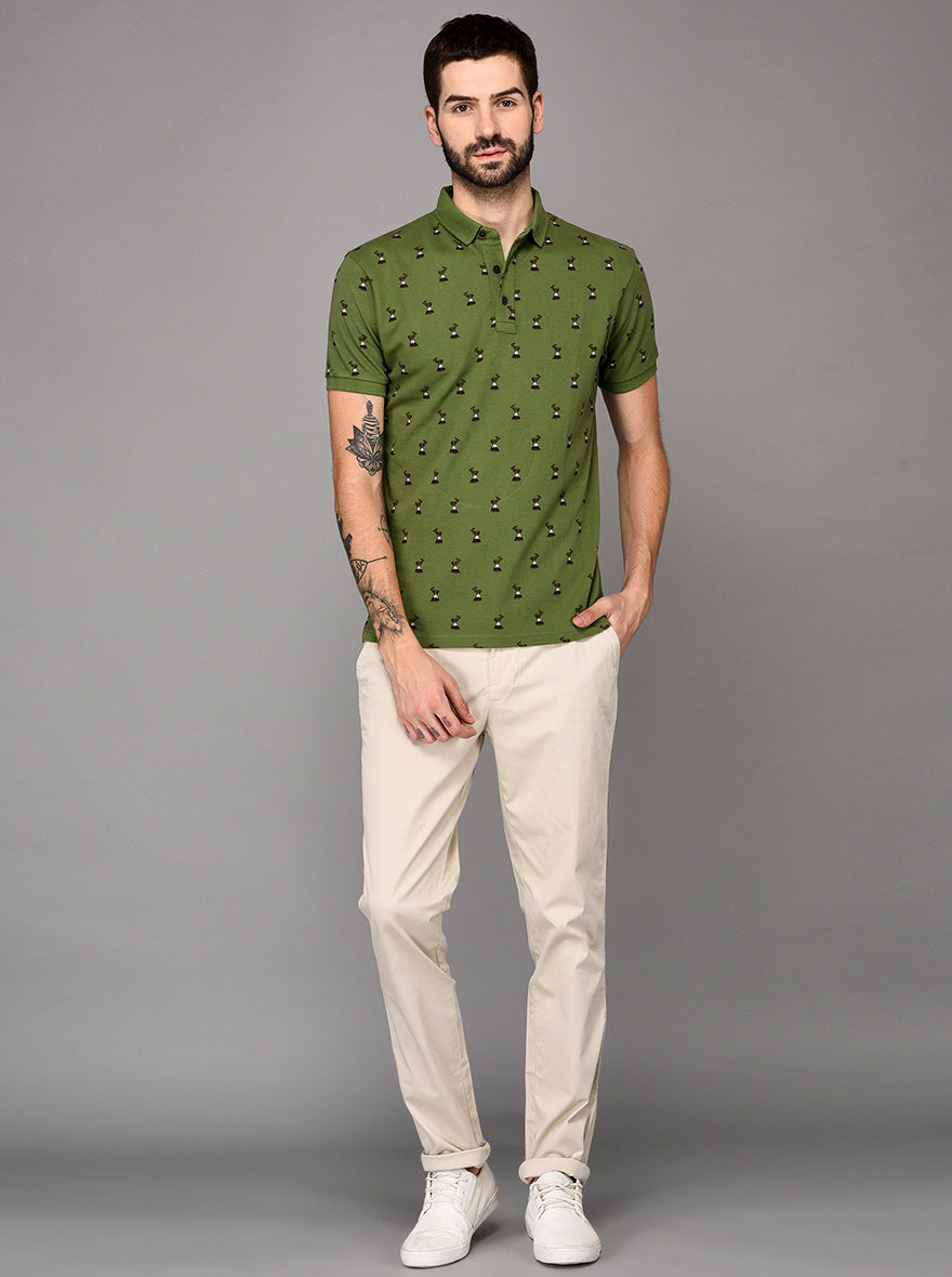Green Printed Slim Fit Polo T-shirt | JB Sport