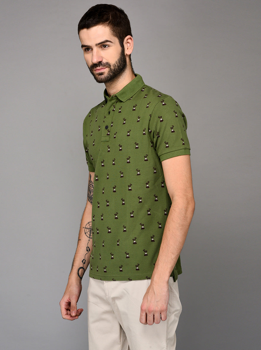 Green Printed Slim Fit Polo T-shirt | JB Sport