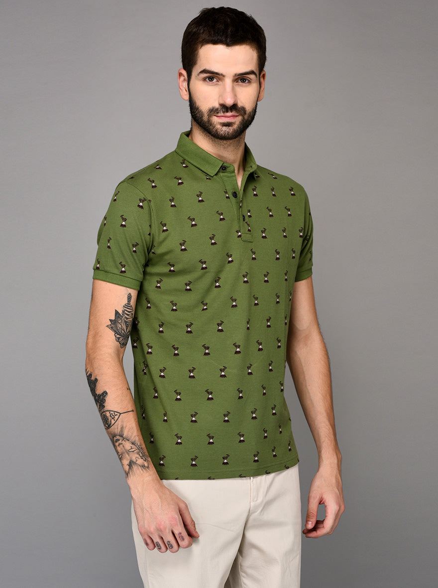 Green Printed Slim Fit Polo T-shirt | JB Sport