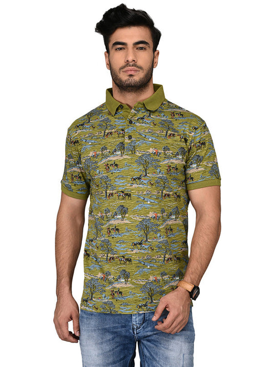 Olive Green Printed Slim Fit Polo T-shirt | JB Sport