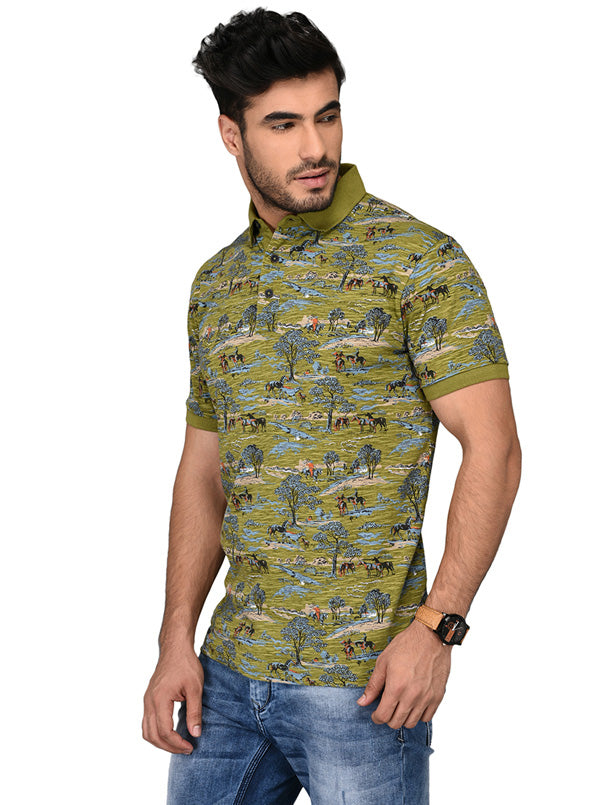 Olive Green Printed Slim Fit Polo T-shirt | JB Sport