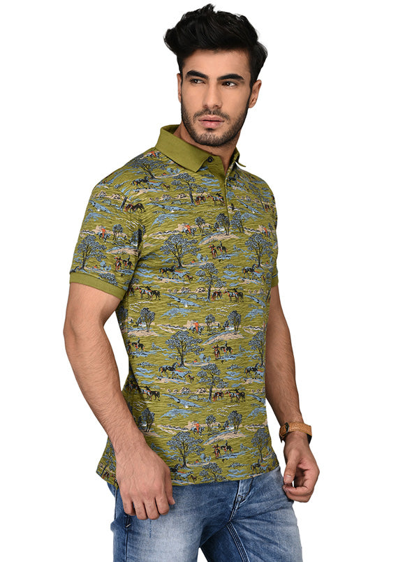 Olive Green Printed Slim Fit Polo T-shirt | JB Sport