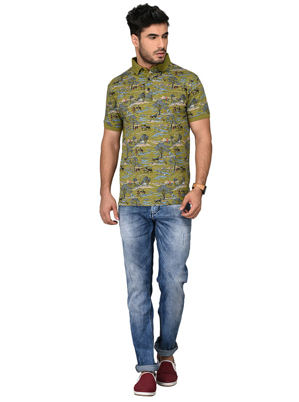 Olive Green Printed Slim Fit Polo T-shirt | JB Sport