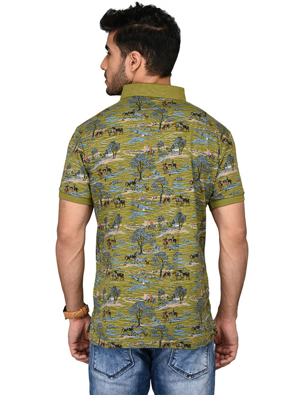 Olive Green Printed Slim Fit Polo T-shirt | JB Sport