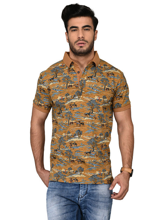 Khaki Printed Slim Fit Polo T-shirt | JB Sport