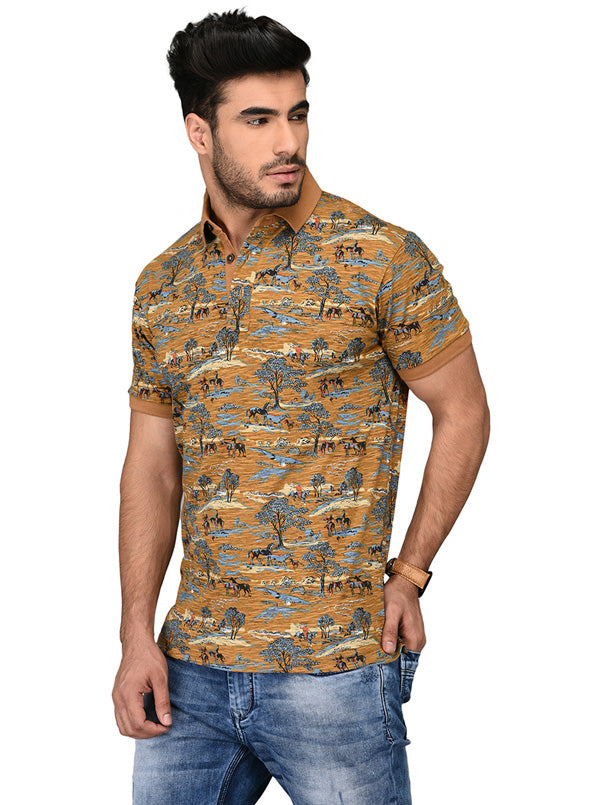 Khaki Printed Slim Fit Polo T-shirt | JB Sport