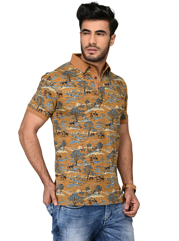 Khaki Printed Slim Fit Polo T-shirt | JB Sport