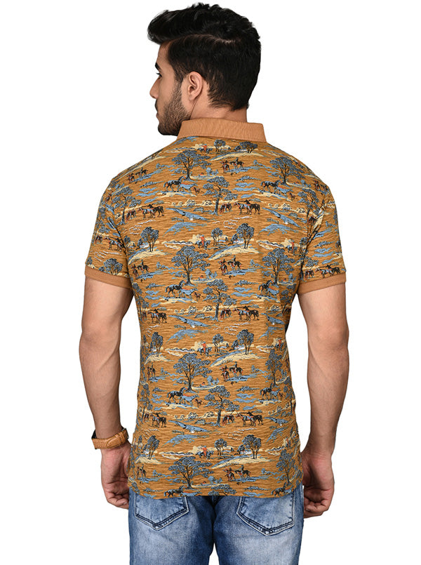 Khaki Printed Slim Fit Polo T-shirt | JB Sport