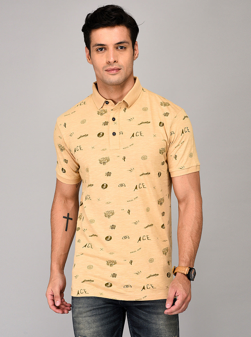 Cream Printed Slim Fit Polo T-shirt | JB Sport