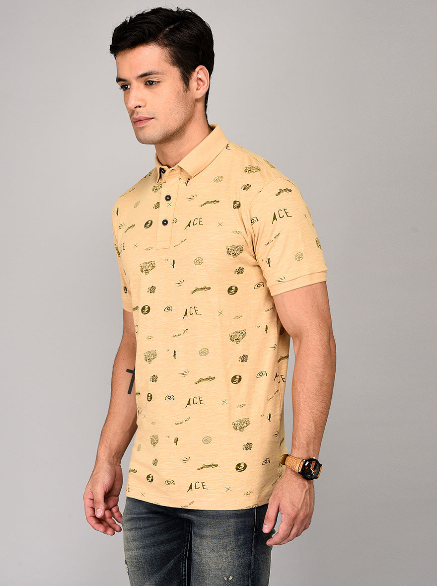 Cream Printed Slim Fit Polo T-shirt | JB Sport