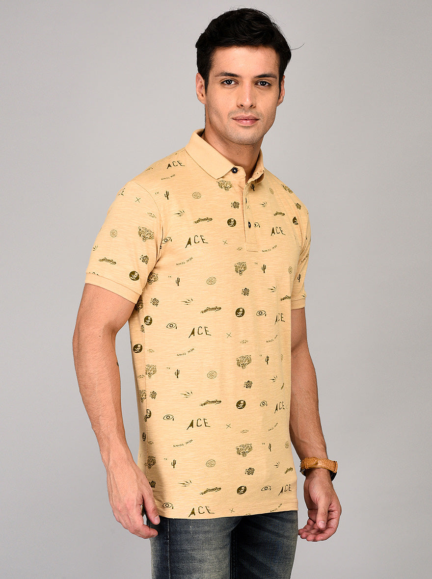 Cream Printed Slim Fit Polo T-shirt | JB Sport