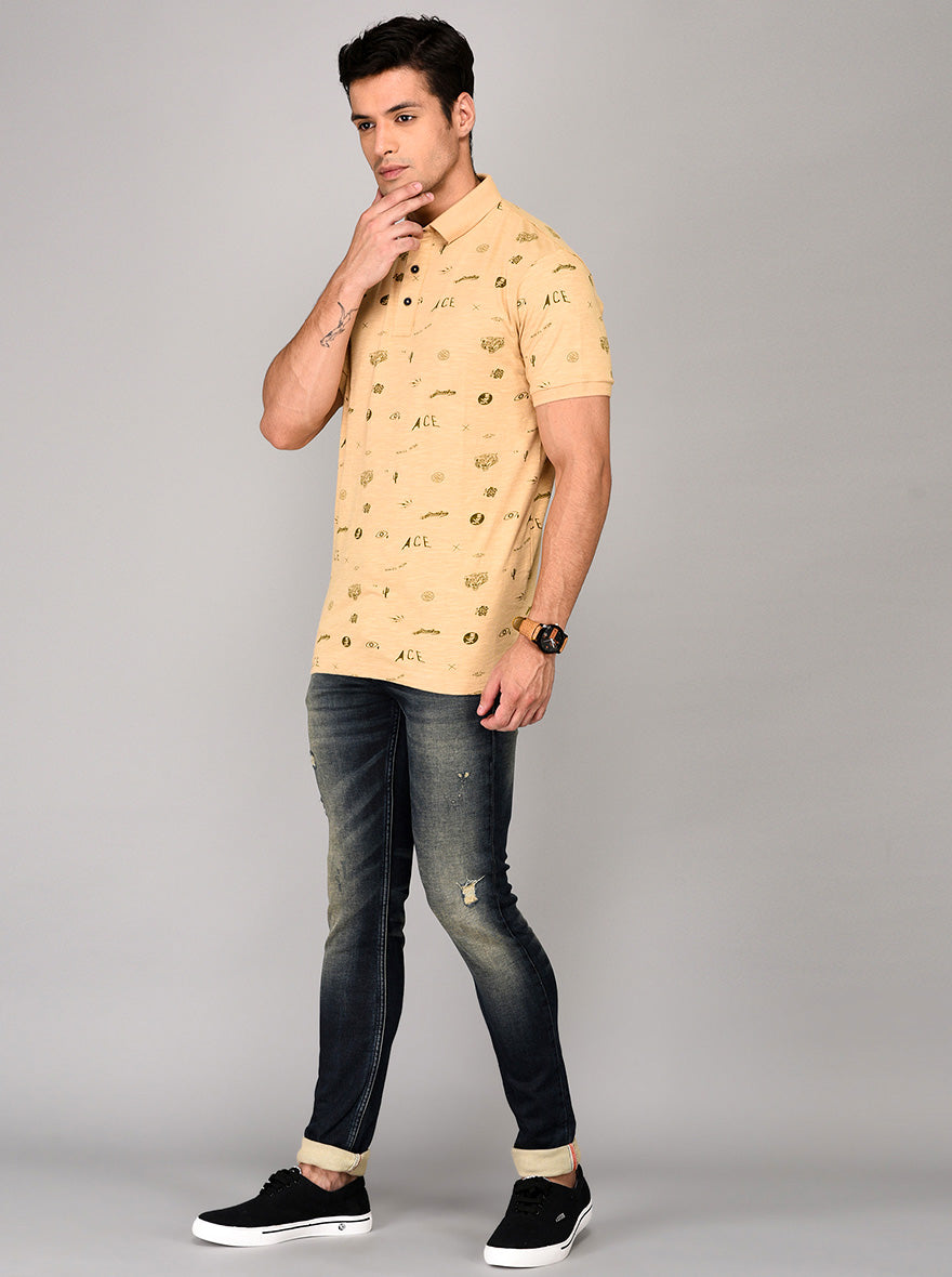 Cream Printed Slim Fit Polo T-shirt | JB Sport