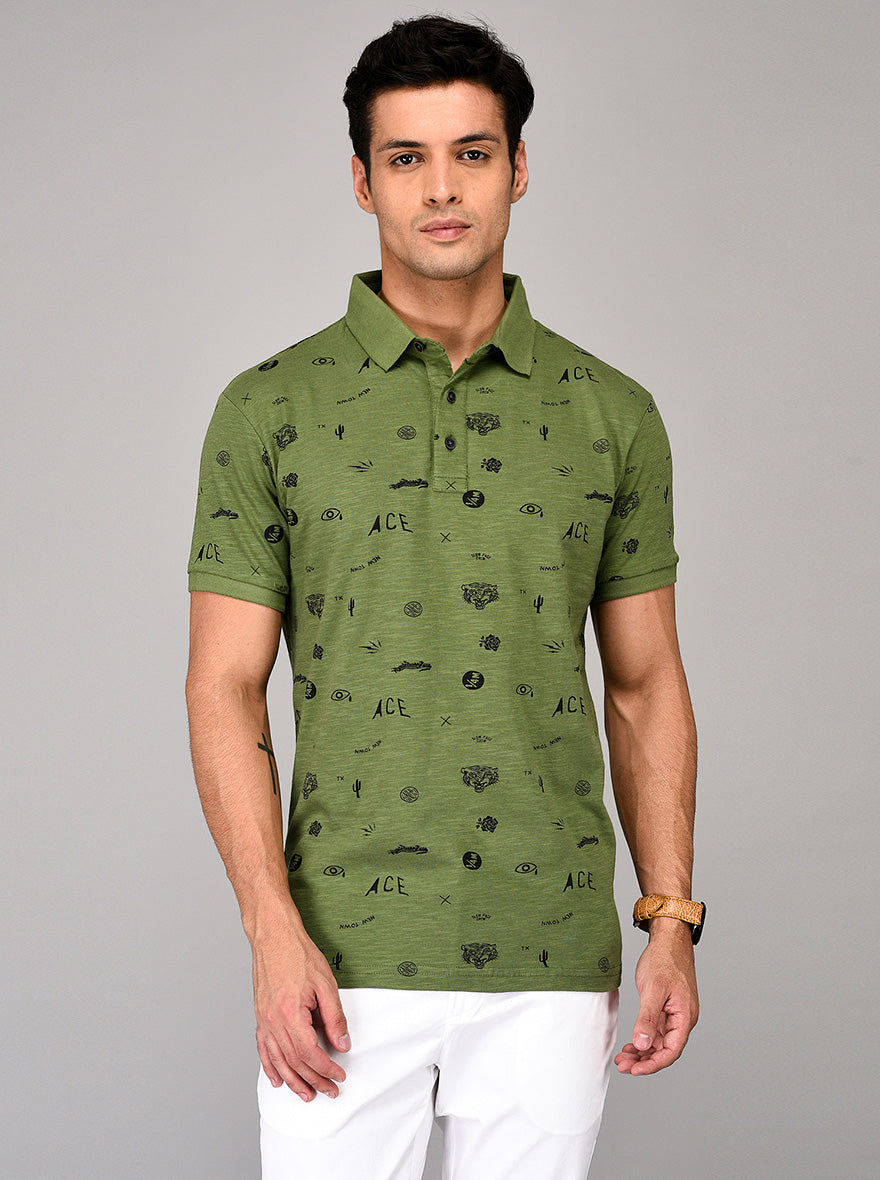 Lake Green Printed Slim Fit Polo T-shirt | JB Sport