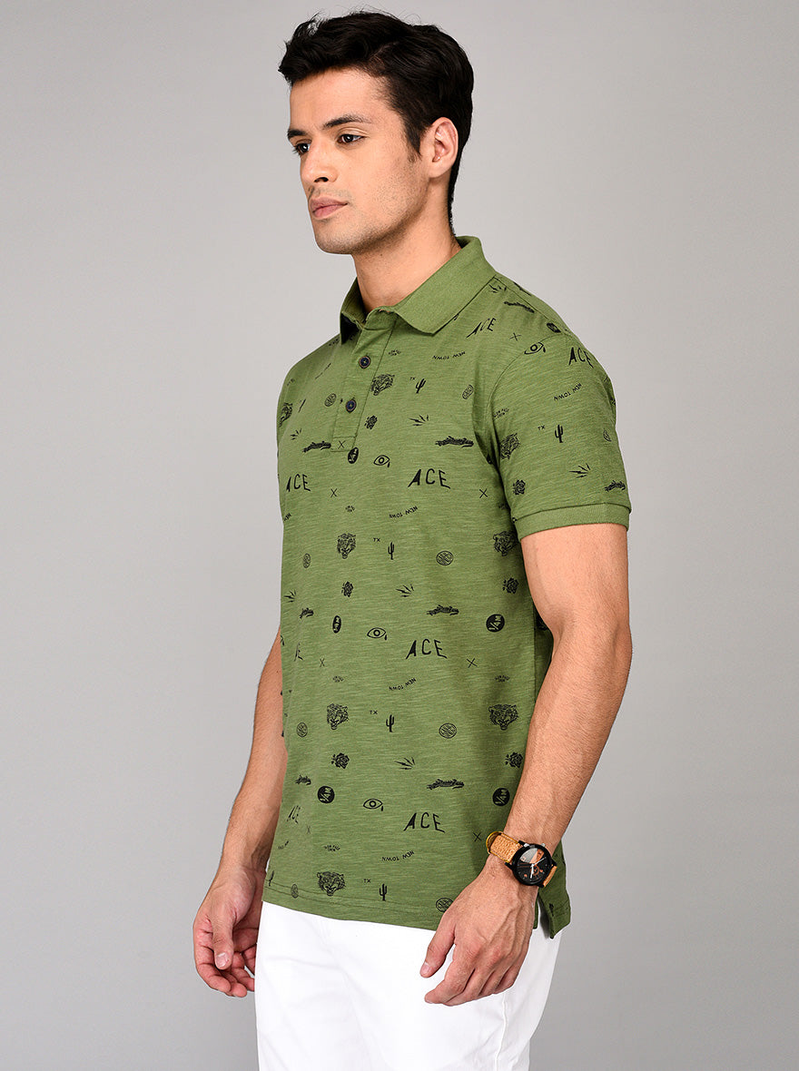 Lake Green Printed Slim Fit Polo T-shirt | JB Sport