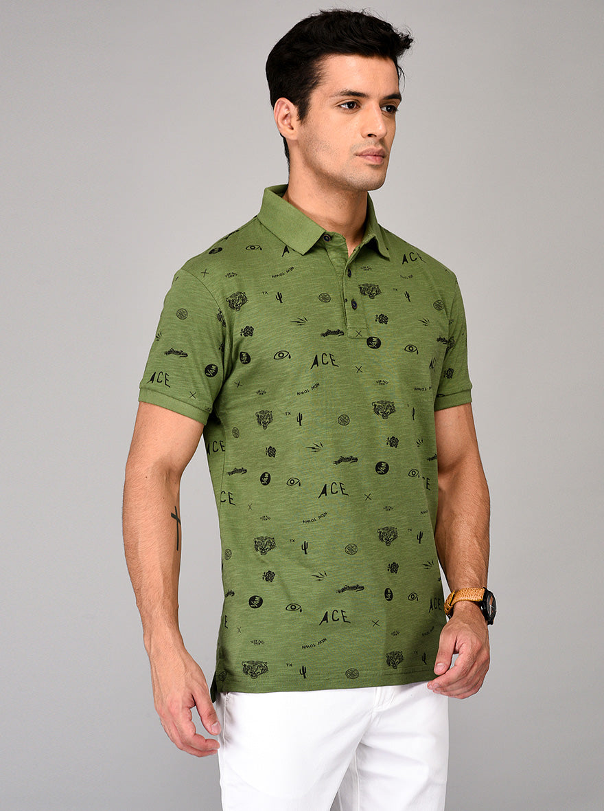 Lake Green Printed Slim Fit Polo T-shirt | JB Sport