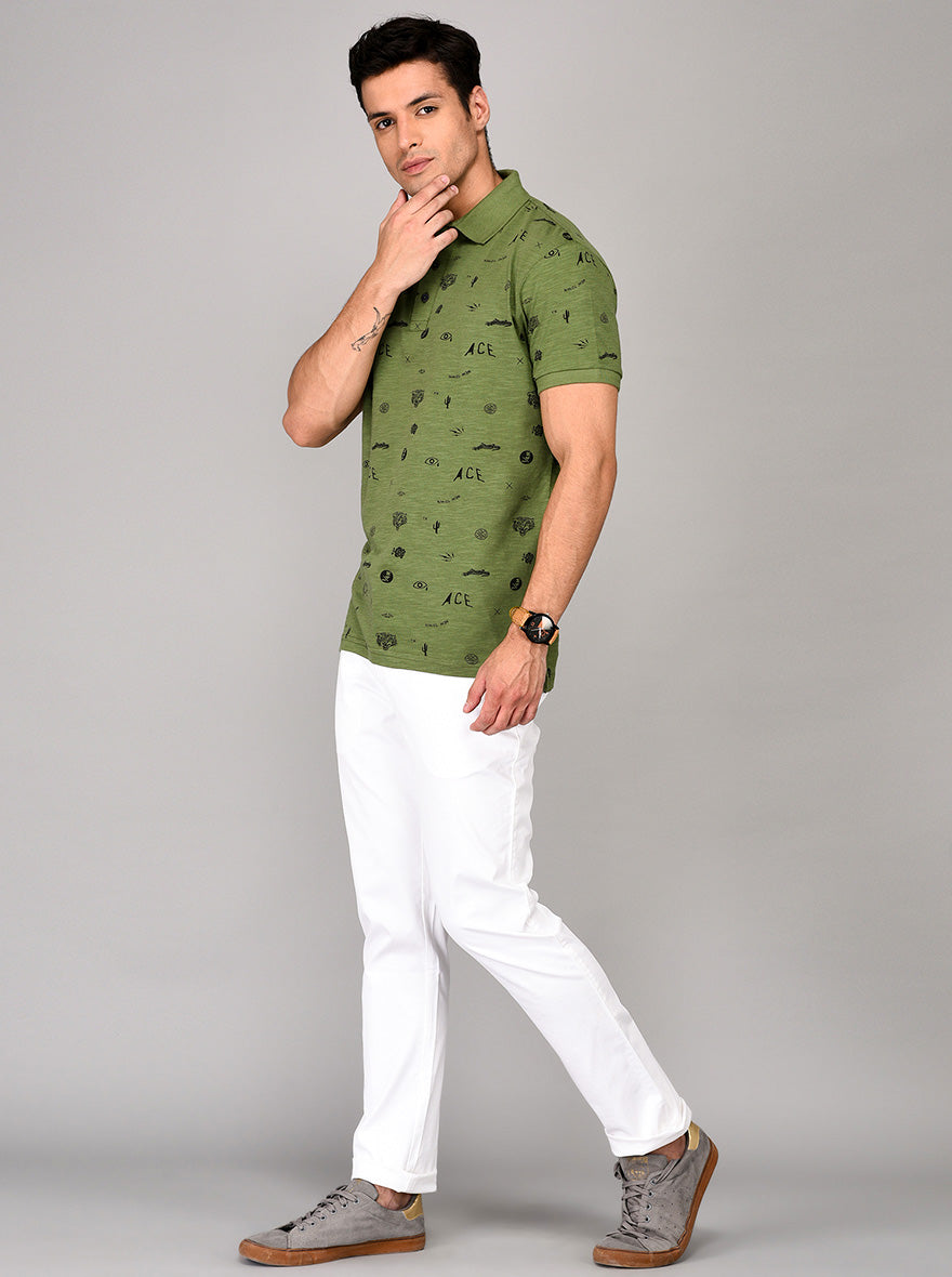 Lake Green Printed Slim Fit Polo T-shirt | JB Sport