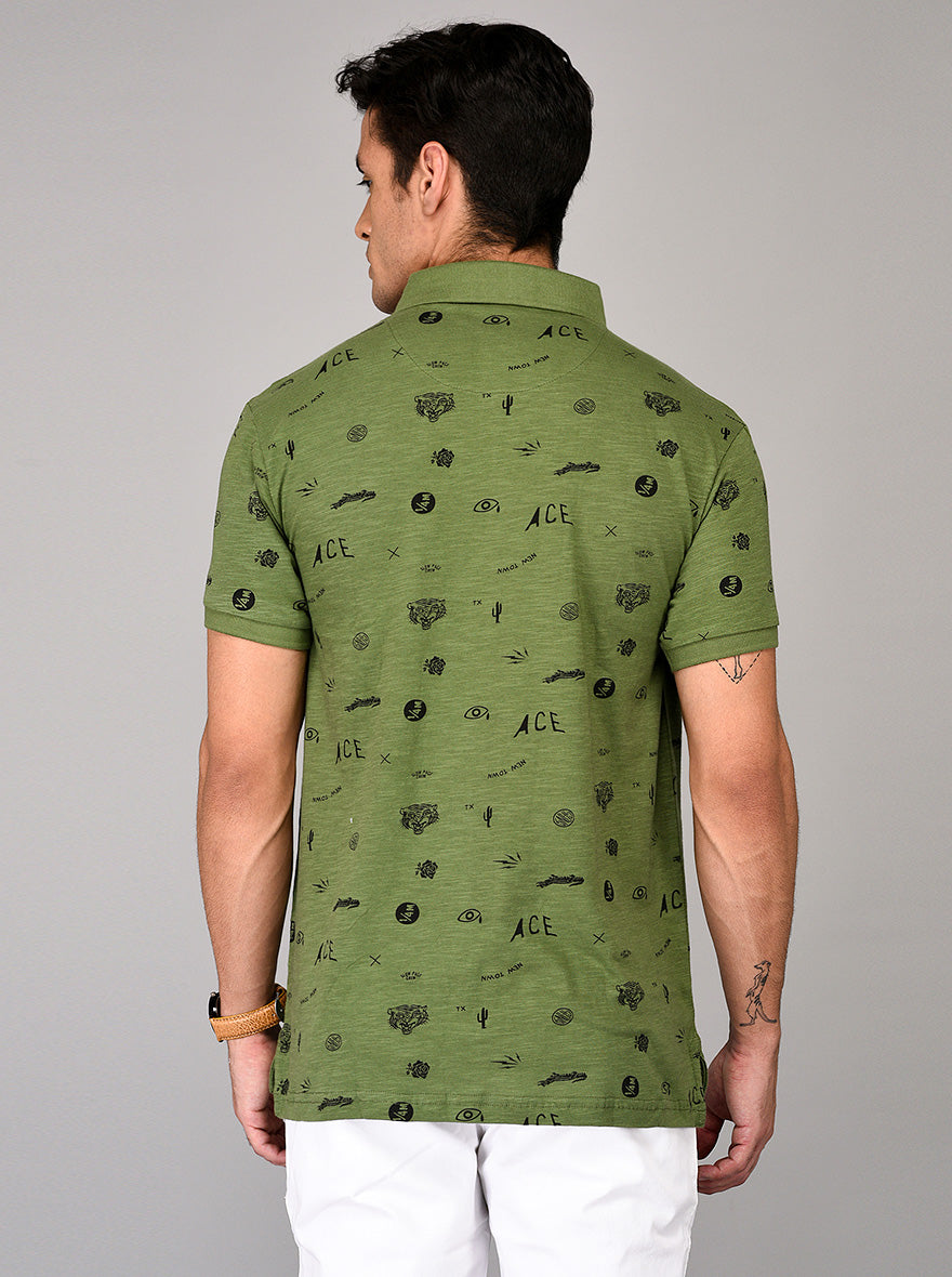 Lake Green Printed Slim Fit Polo T-shirt | JB Sport