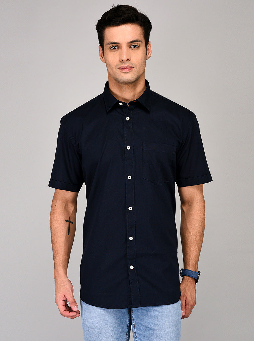 Greenfibre Navy Blue Self Textured Regular Fit Casual Shirt