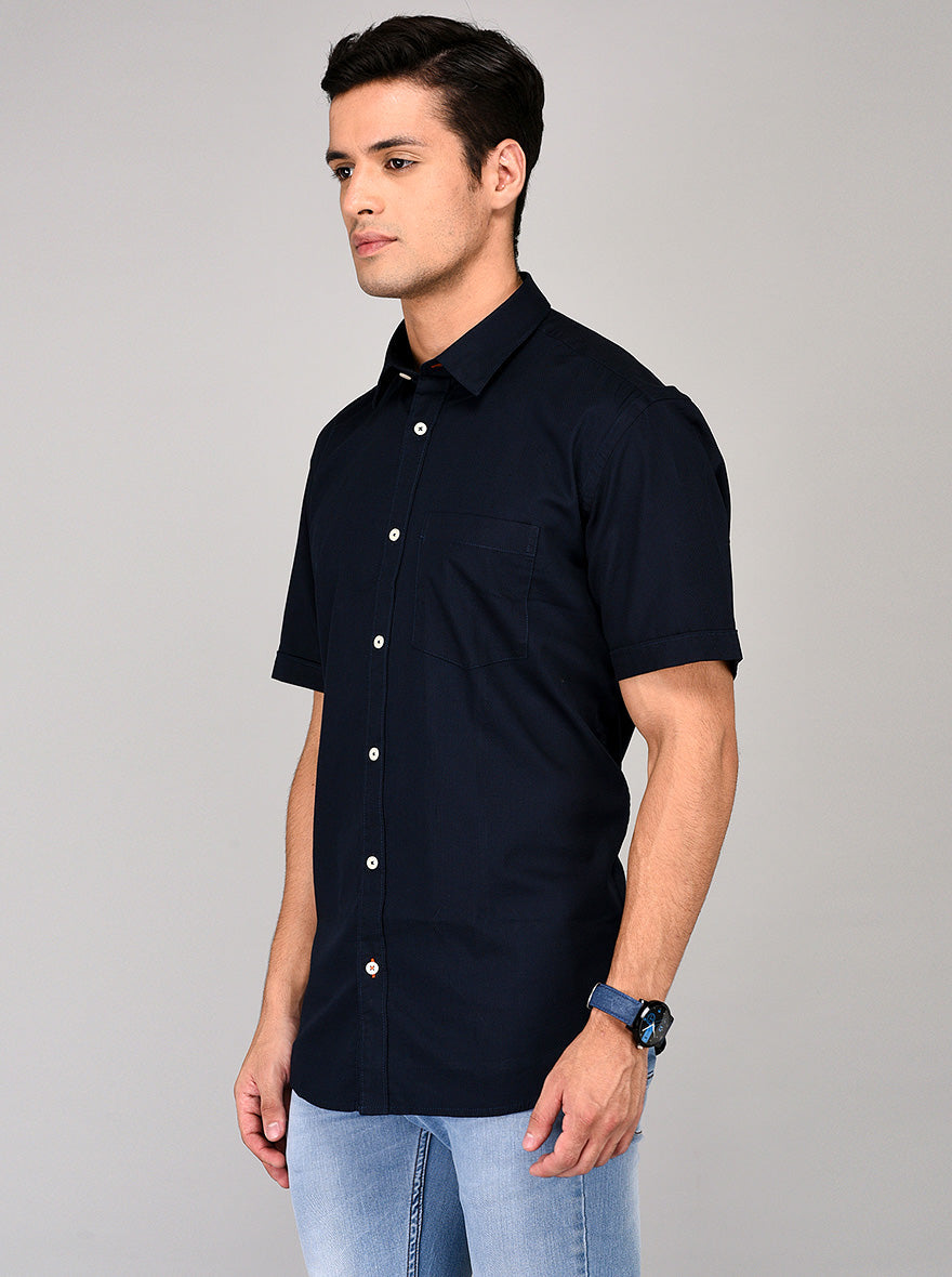 Greenfibre Navy Blue Self Textured Regular Fit Casual Shirt