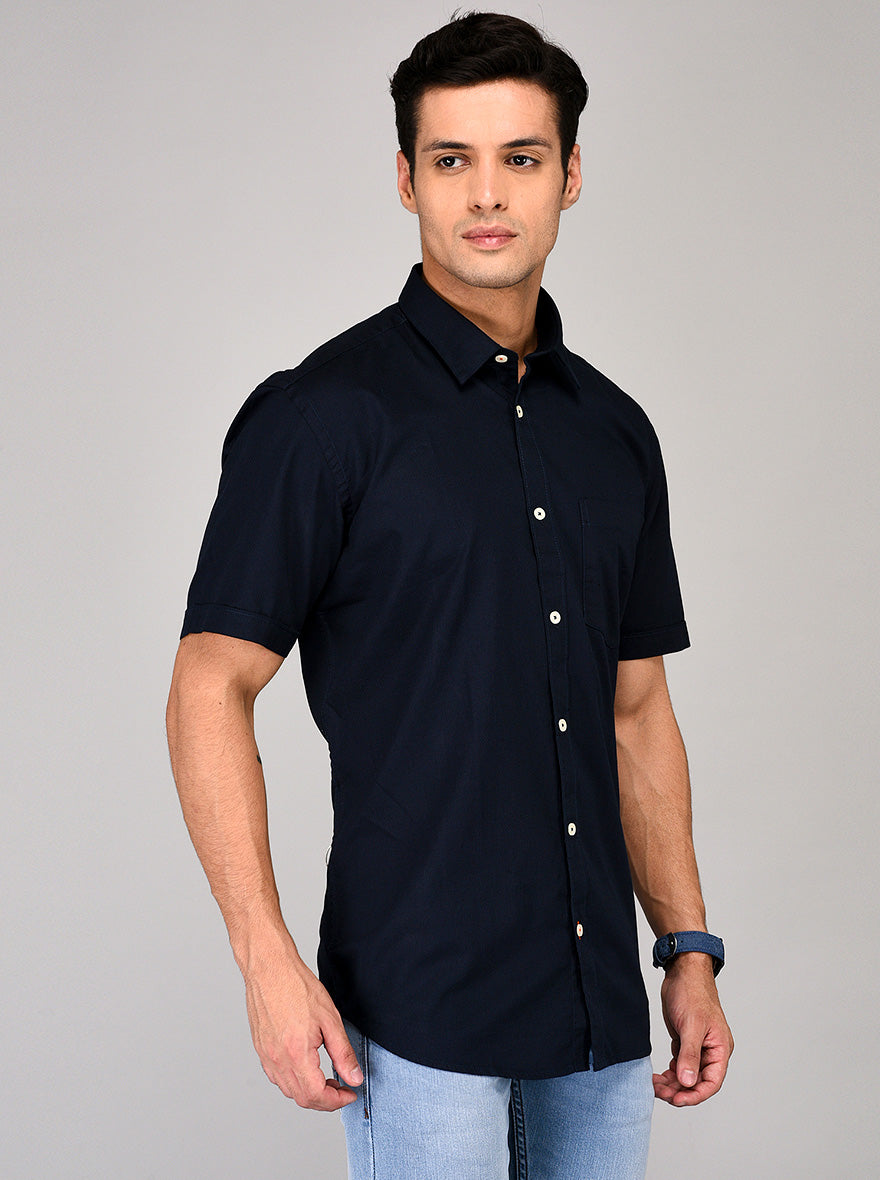 Greenfibre Navy Blue Self Textured Regular Fit Casual Shirt