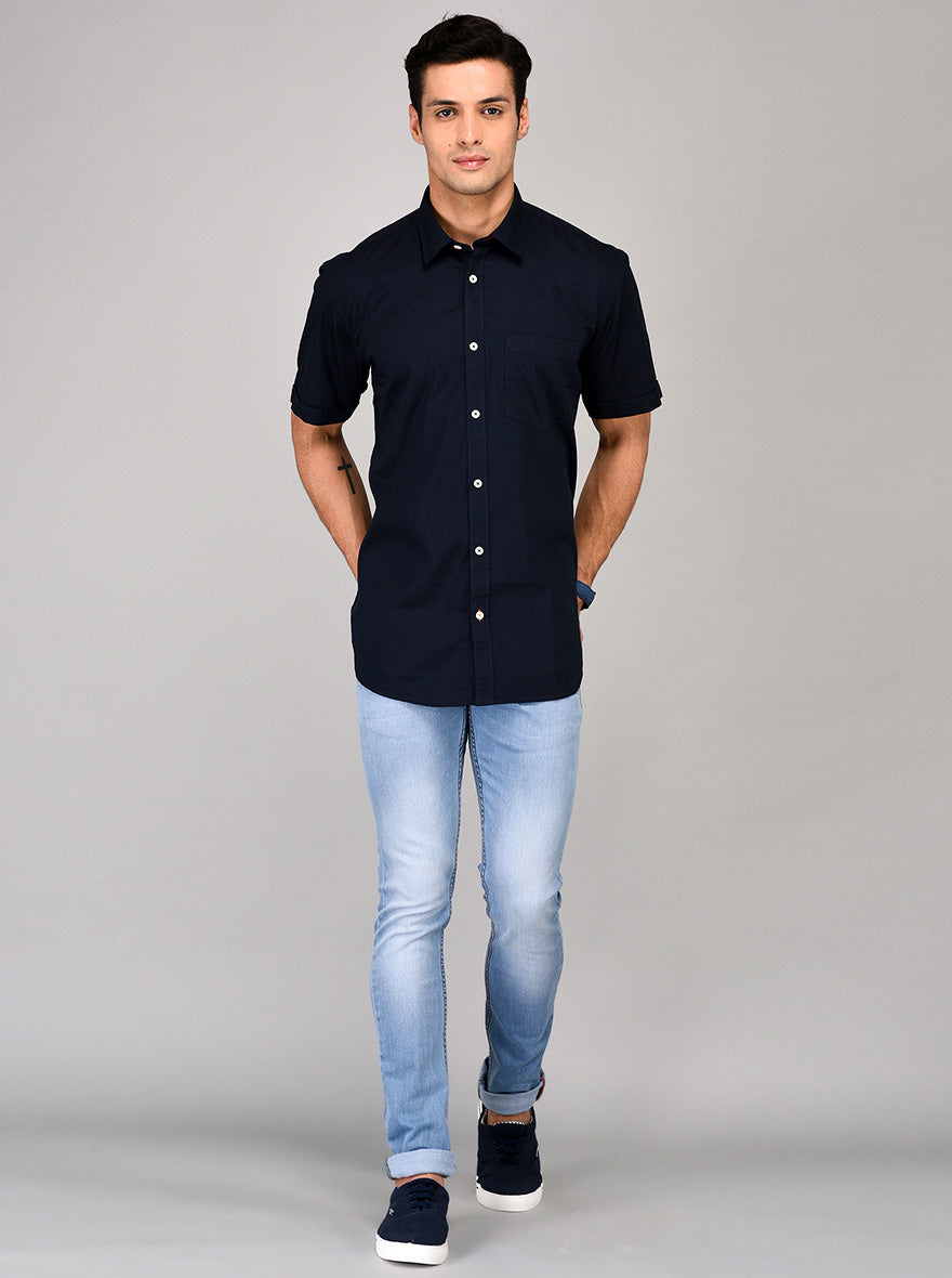 Greenfibre Navy Blue Self Textured Regular Fit Casual Shirt