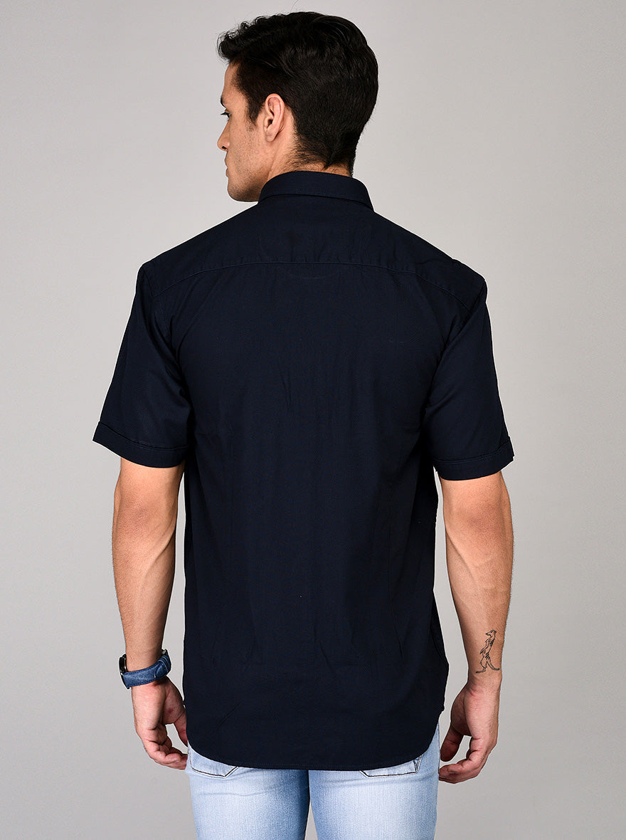 Greenfibre Navy Blue Self Textured Regular Fit Casual Shirt