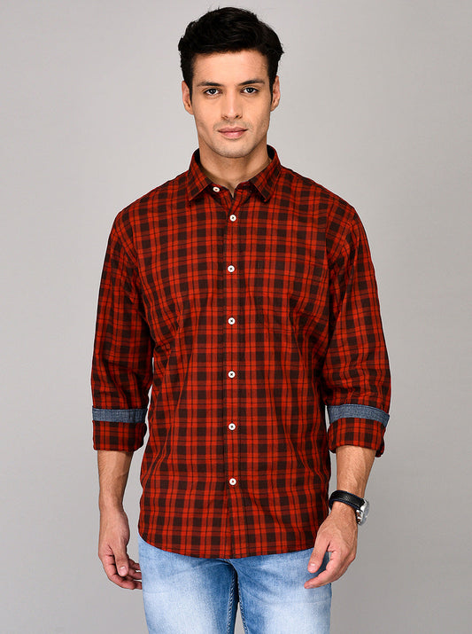 Greenfibre Red Checked Regular Fit Casual Shirt