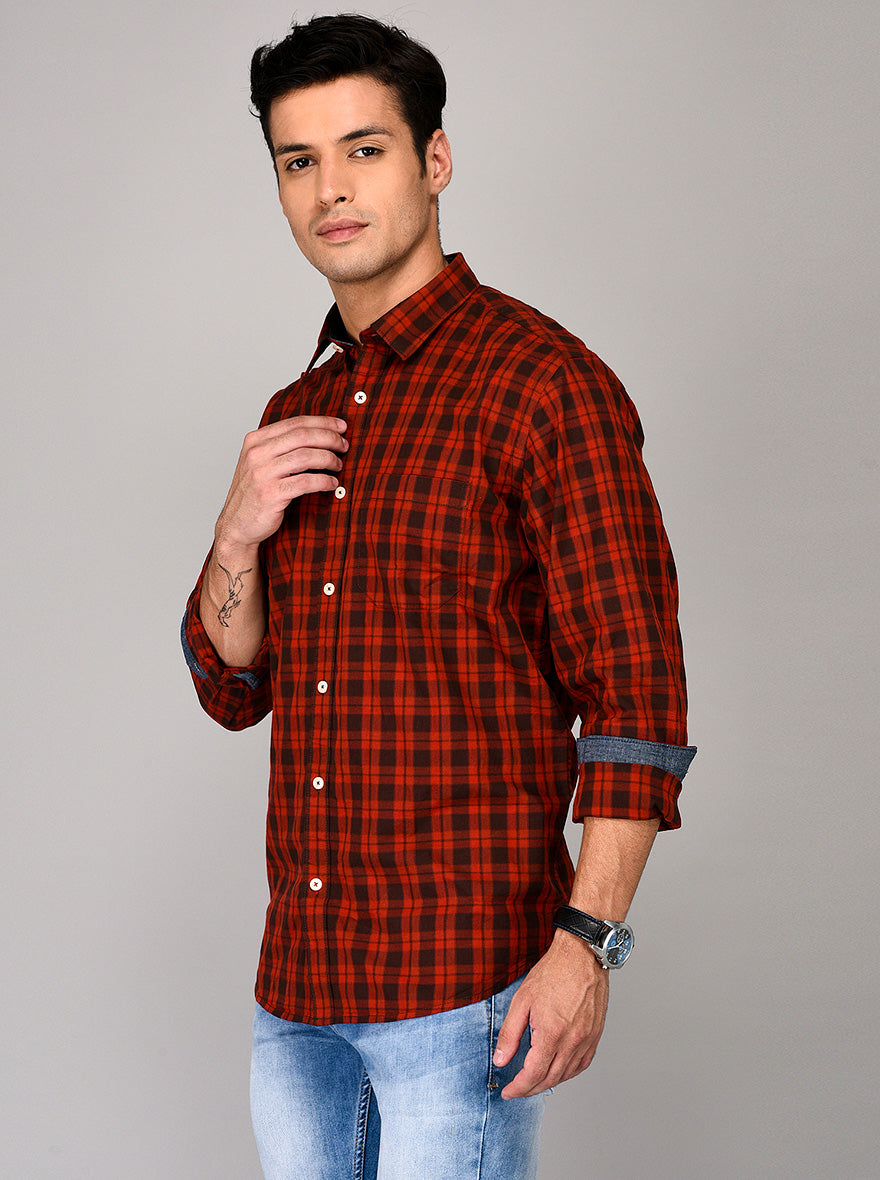 Greenfibre Red Checked Regular Fit Casual Shirt