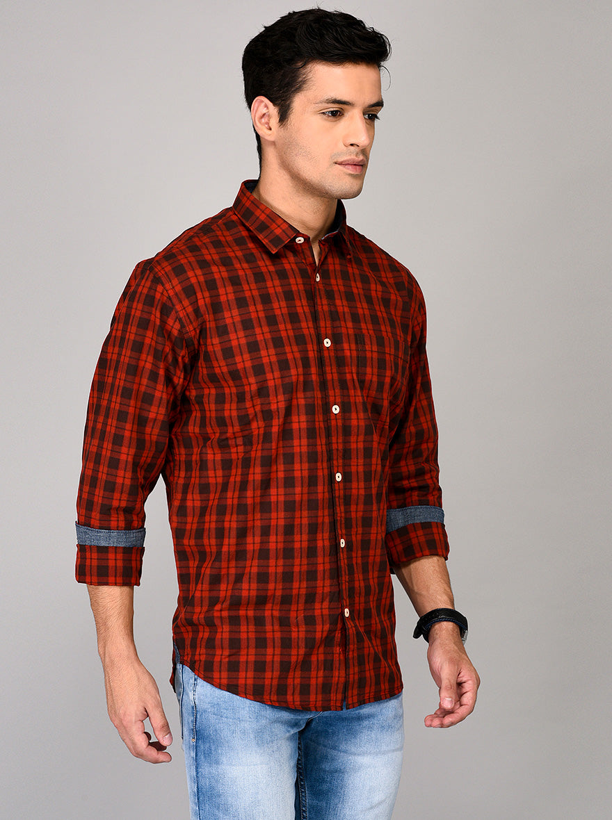 Greenfibre Red Checked Regular Fit Casual Shirt