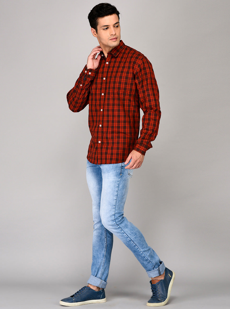 Greenfibre Red Checked Regular Fit Casual Shirt