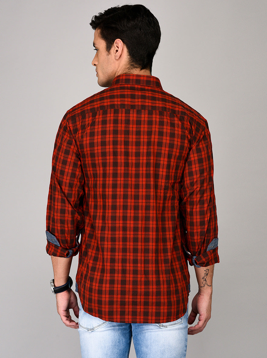 Greenfibre Red Checked Regular Fit Casual Shirt