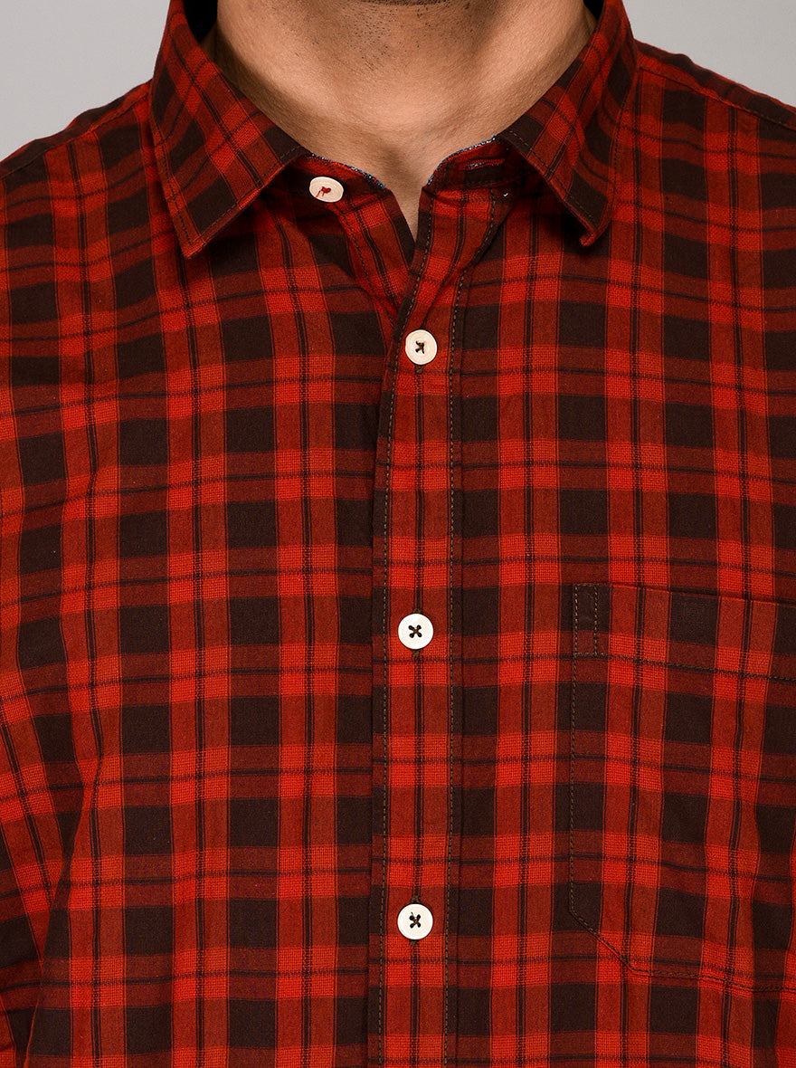 Greenfibre Red Checked Regular Fit Casual Shirt