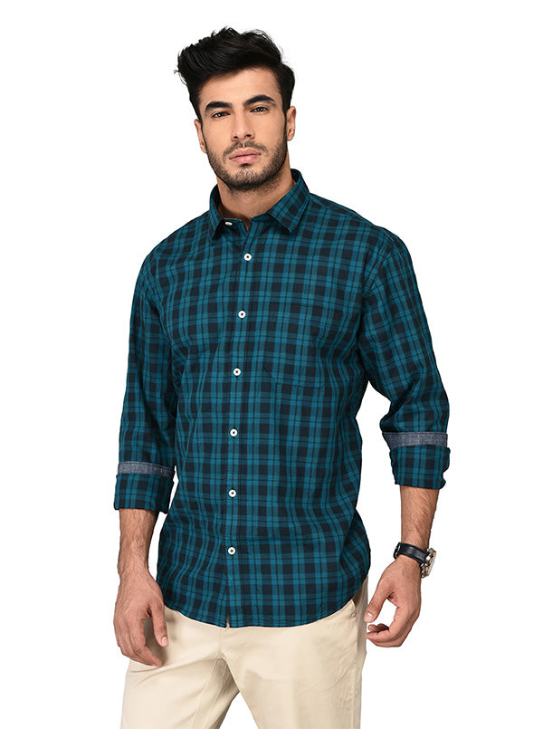 Greenfibre Blue Checked Regular Fit Casual Shirt