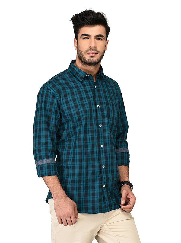 Greenfibre Blue Checked Regular Fit Casual Shirt