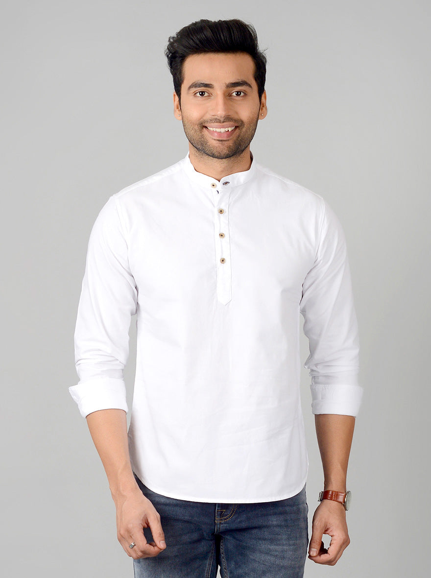 Bright White Solid Slim Fit Short Kurta | Greenfibre