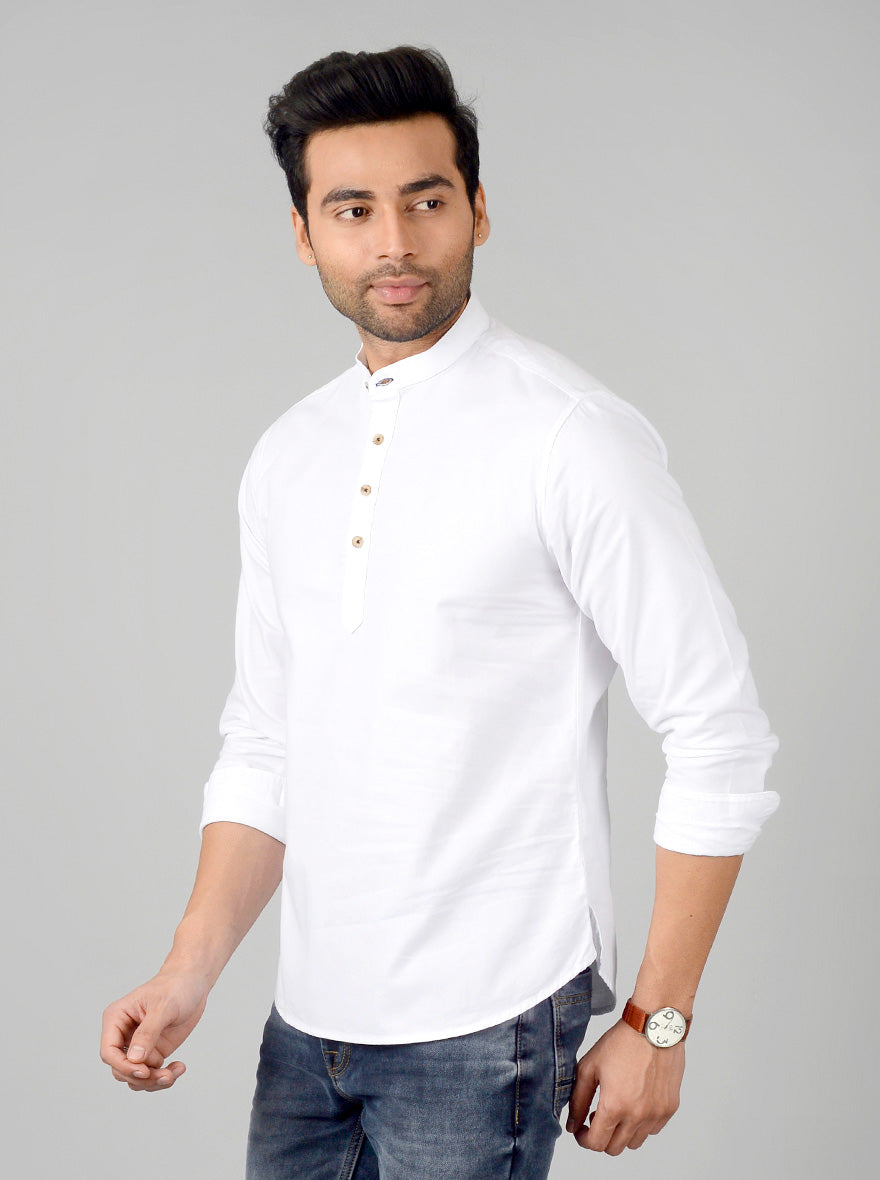 Bright White Solid Slim Fit Short Kurta | Greenfibre