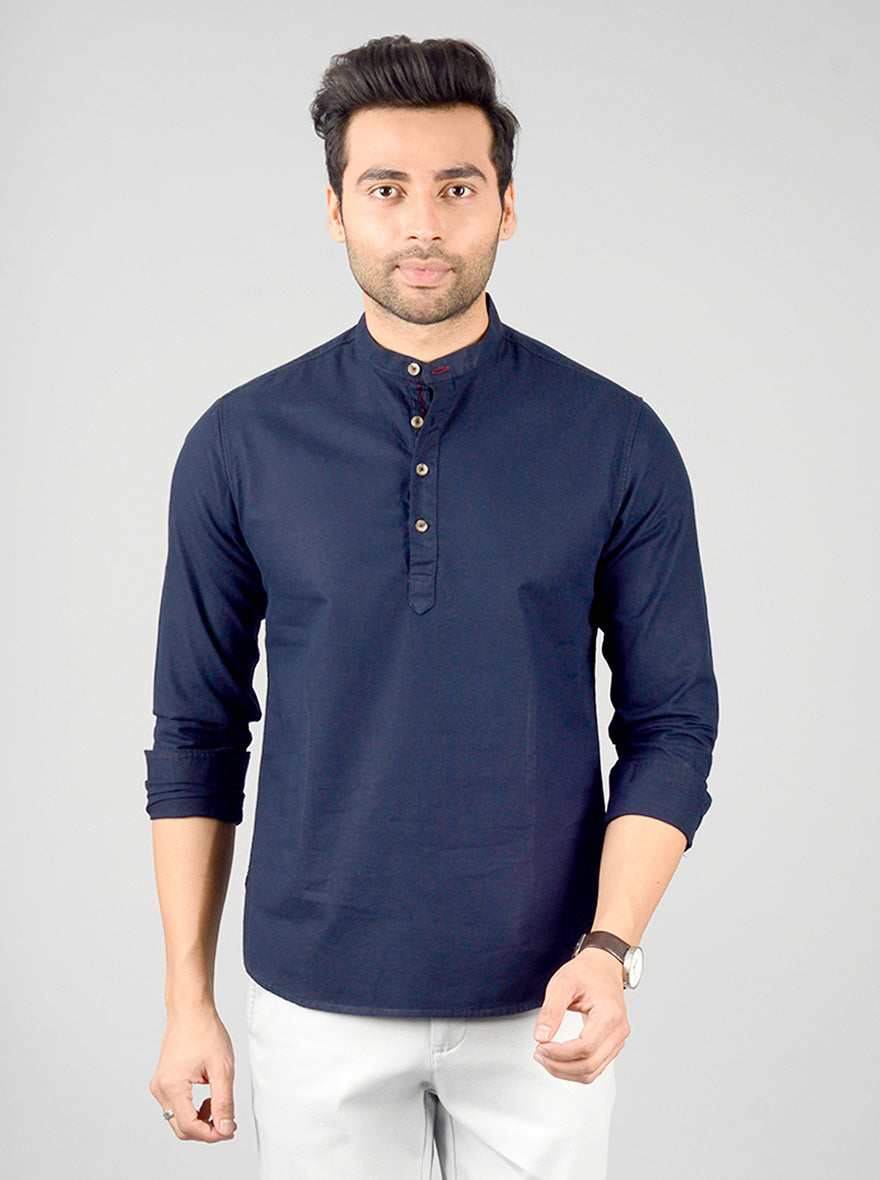 Navy Blue Solid Slim Fit Short Kurta | Greenfibre