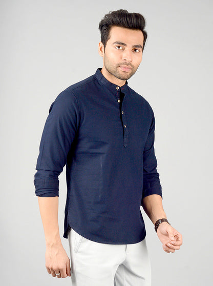 Navy Blue Solid Slim Fit Short Kurta | Greenfibre