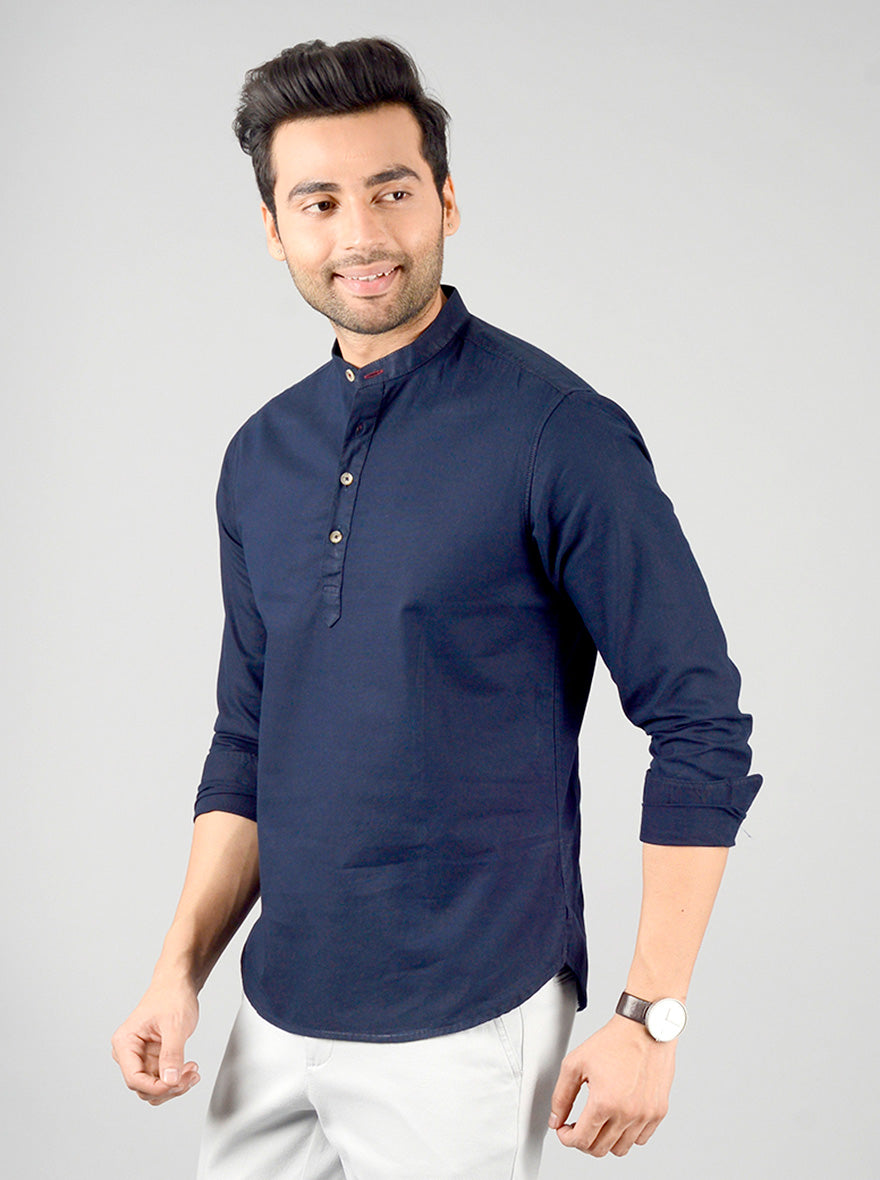 Navy Blue Solid Slim Fit Short Kurta | Greenfibre